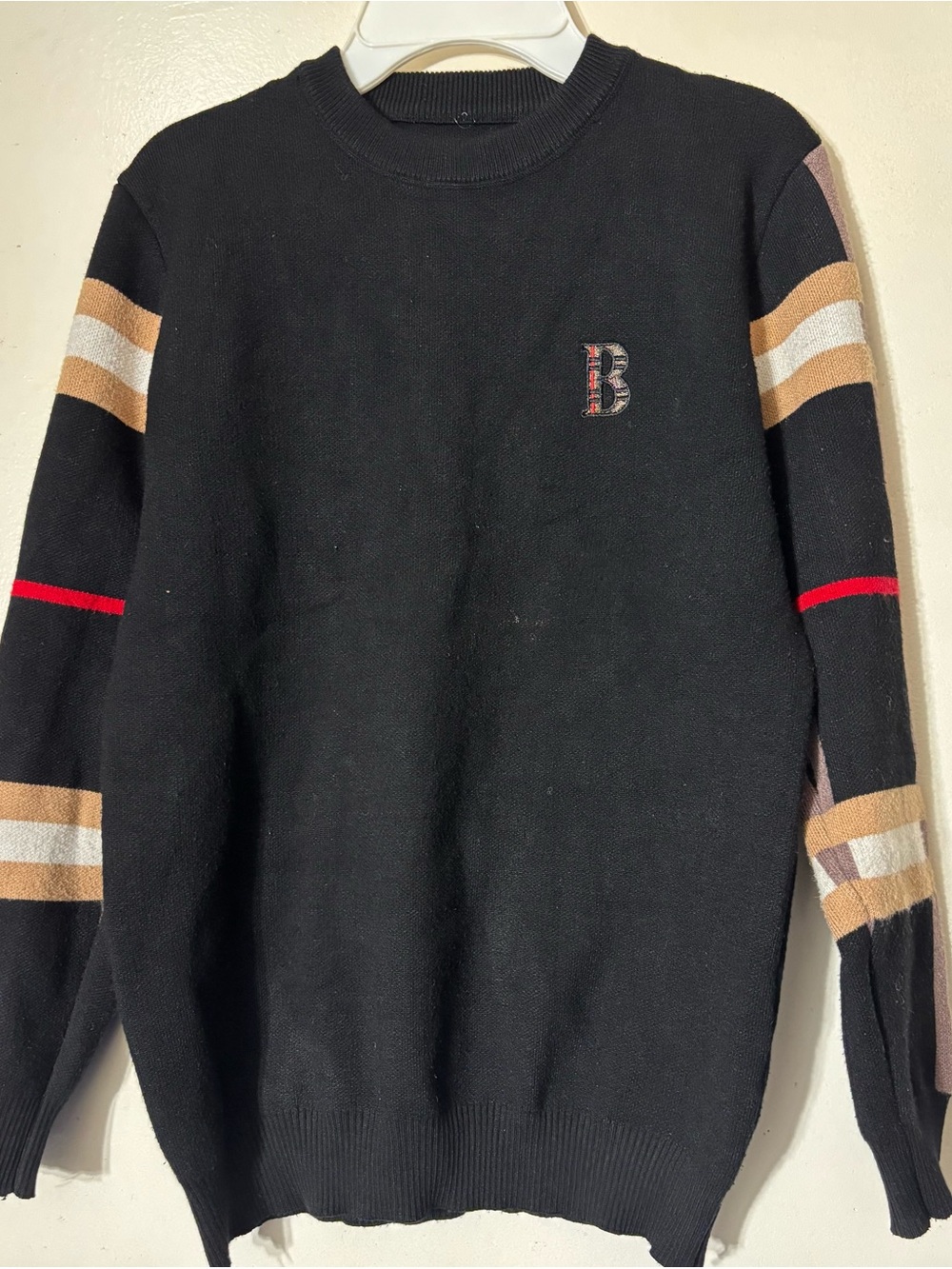 Men's Black Crewneck Sweater with Stripe Accents